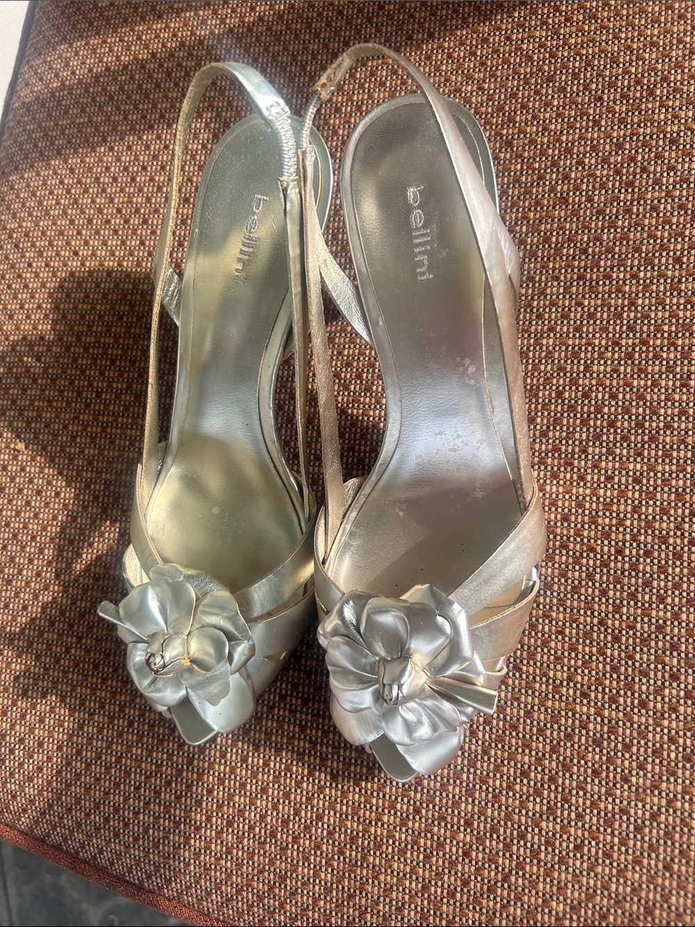 Bellini Metallic Silver Peep-Toe Slingback Heels with Floral Accent